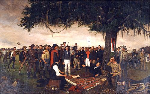 General Sam Houston accepting the surrender of Mexican Dictator Generalismo Santa Anna immediately following the Battle of San Jacinto 